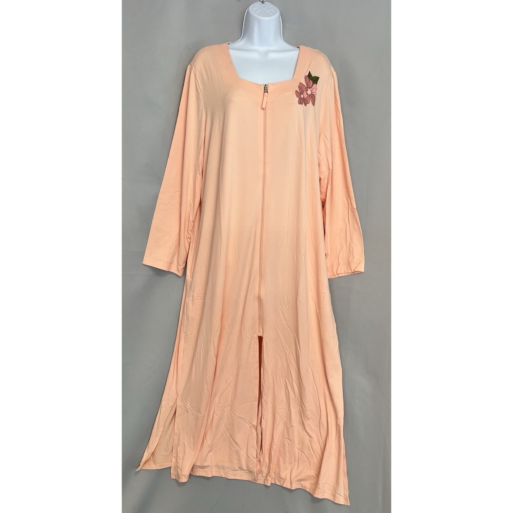 National Peach Pink Zip Front Lounger Robe Floral Embroidery Pockets Large New
